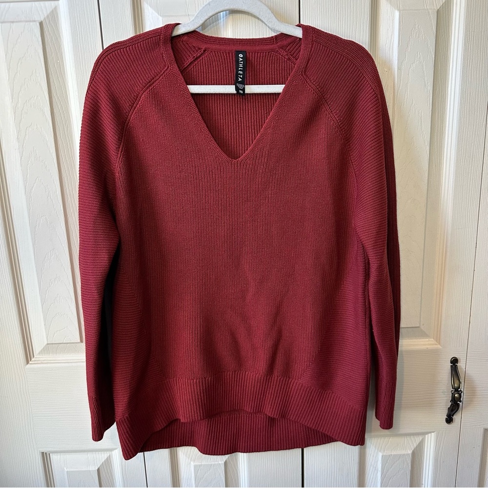 Athleta Hanover V-Neck Ribbed Knit Oversized Sweater Canyon Red Womens Size XS